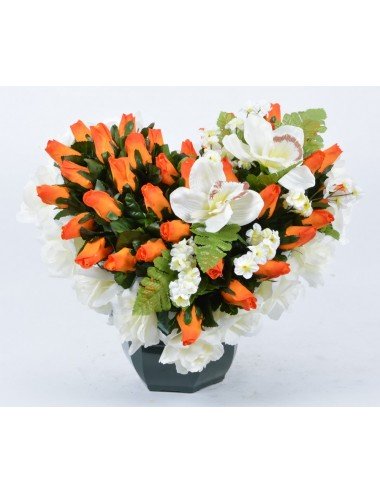 COEUR SUR SOCLE ROSE/BOUTON/ORCHIDEE ORANGE/BLC