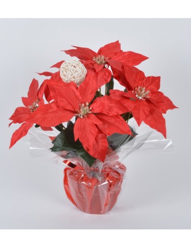 POT 14 CM POINSETTIA RATTAN BALL RED
