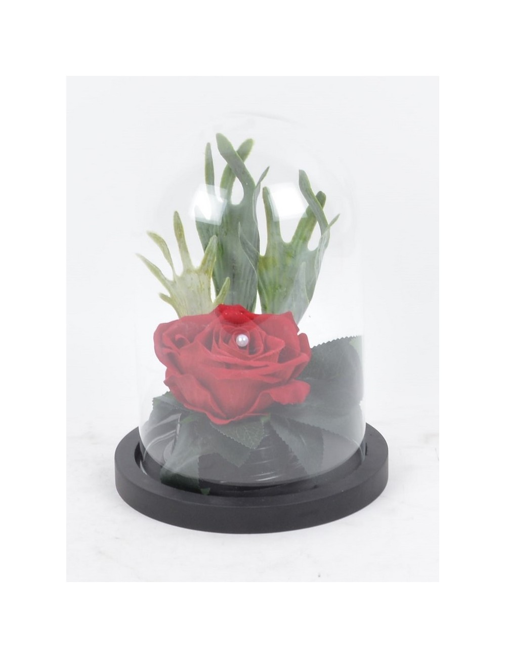 ROSE VELOUR SOUS CLOCHE DE VERRE + PERLE ROSE