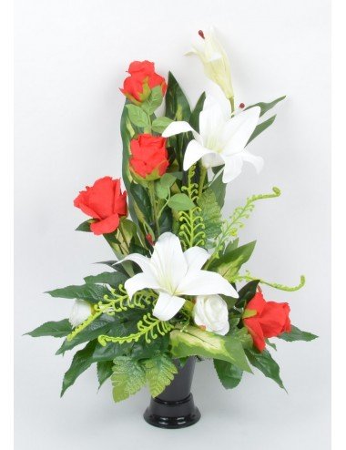 BOUQUET DE VASE LYS ROSE FOUGERE VELOURS RED WHITE