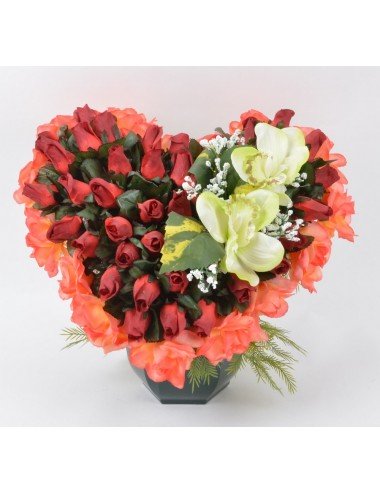 COEUR SUR SOCLE ROSE/BOUTON/ORCHIDEE RED ORANGE