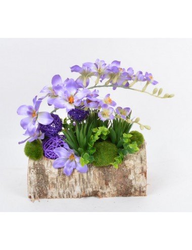 BUCHE BOIS 25 CM FRESIA PLANTE GRASSE BOULE ROTIN LILAC