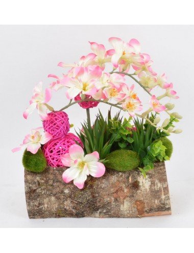 BUCHE BOIS 25 CM FRESIA PLANTE GRASSE BOULE ROTIN PINK