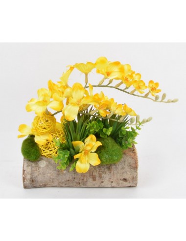 BUCHE BOIS 25 CM FRESIA PLANTE GRASSE BOULE ROTIN YELLOW