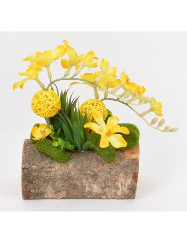 BUCHE BOIS 20 CM FRESIA PLANTE GRASSE BOULE ROTIN YELLOW