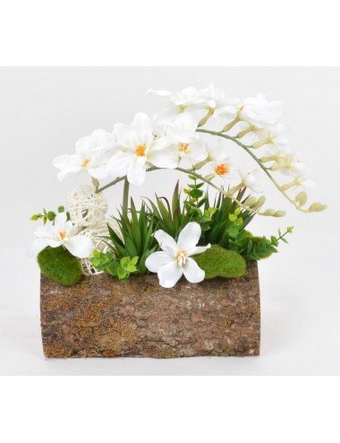 BUCHE BOIS 25 CM FRESIA PLANTE GRASSE BOULE ROTIN CREAM