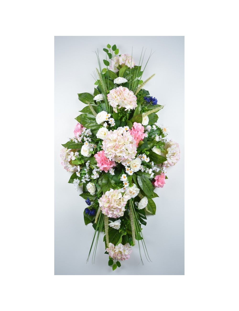 DESSUS DE CERCUEIL HORTENSIA BLEUET MARGUERITE PINK