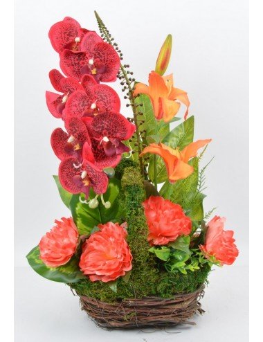 PANIER GM ORCHIDEE LYS PIVOINE RED SALMON