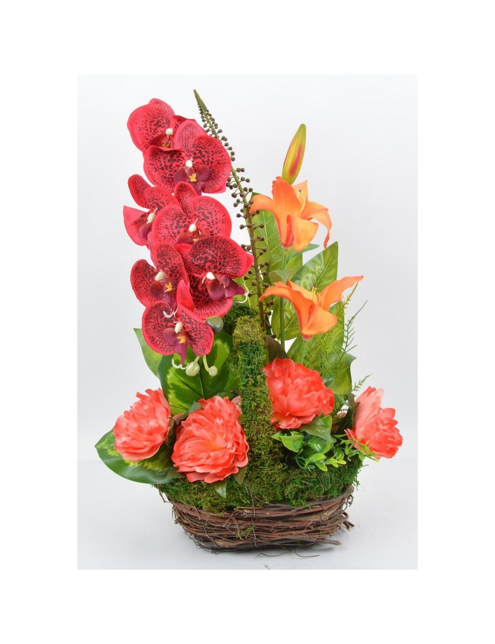 PANIER GM ORCHIDEE LYS PIVOINE RED SALMON