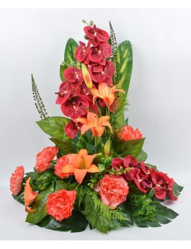 DEVANT DE TOMBE PM ORCHIDEE LYS PIVOINE RED SALMON