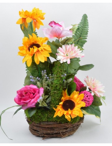 PANIER GM TOURNESOL ROSE GERBERA YELLOW LILAC