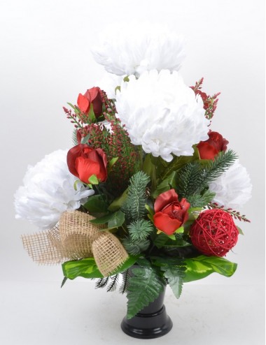 BOUQUET DE VASE CHRYSANTHEME BRUYERE BOUTON WHITE RED