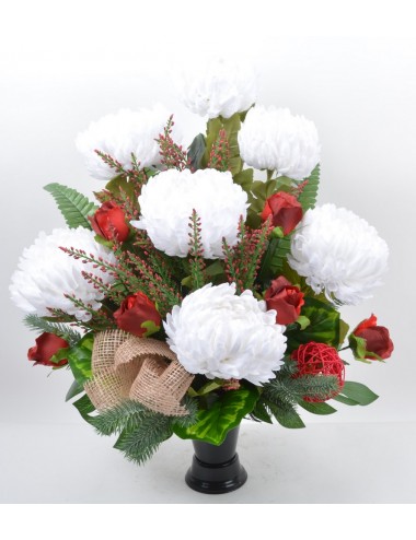 BOUQUET DE VASE CHRYSANTHEME BRUYERE BOUTON WHITE RED
