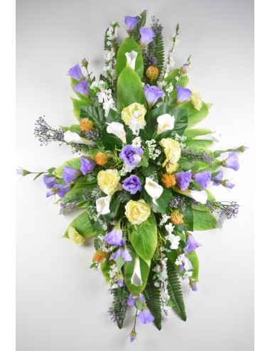 DESSUS DE CERCUEIL LYSIANTHUS RENONCULE PAPILLON YELLOW LILAC WHITE