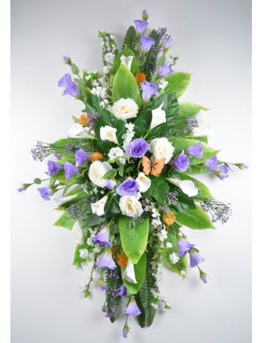 DESSUS DE CERCUEIL LYSIANTHUS RENONCULE PAPILLON LILAC ORANGE WHITE