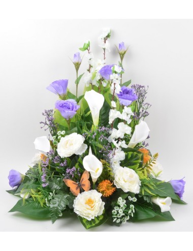 DEVANT DE TOMBE PM LYSIANTHUS RENONCULE PAPILLON LILAC ORANGE WHITE
