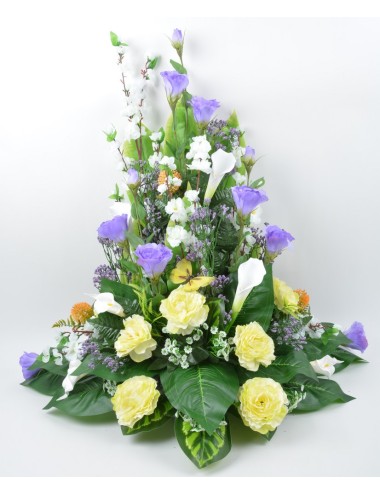 DEVANT DE TOMBE GM LYSIANTHUS RENONCULE PAPILLON YELLOW LILAC WHITE