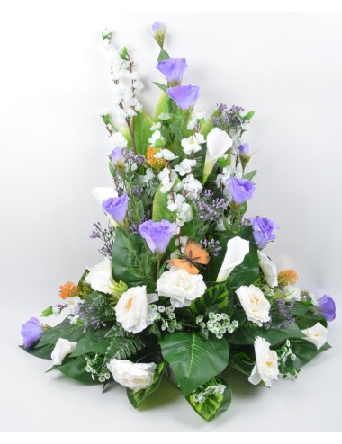 DEVANT DE TOMBE GM LYSIANTHUS RENONCULE PAPILLON LILAC ORANGE WHITE