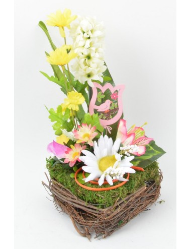 PANIER COEUR OSIER JACINTHE ASTER MARGUERITE WHITE PINK