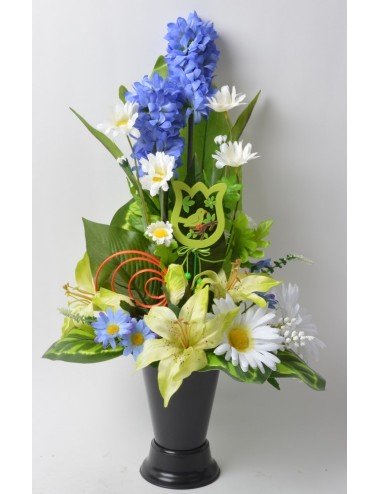 BOUQUET DE VASE JACINTHE ASTER MARGUERITE BLUE GREEN WHITE