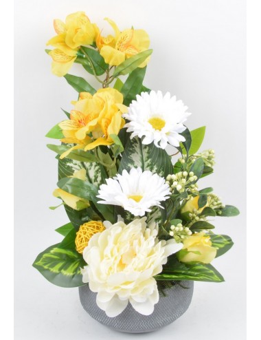 COUPE VASQUE GRISE ALSTROMERIA PIVOINE BAIE GERBERA YELLOW WHITE