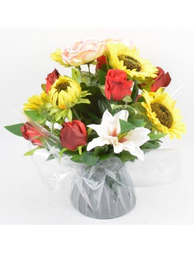 BOUQUET BULLE TOURNESOL RENONCULE ROSE CLEMATITE YELLOW RED