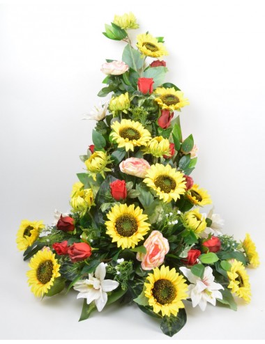 DEVANT DE TOMBE GM TOURNESOL RENONCULE ROSE CLEMATITE YELLOW RED