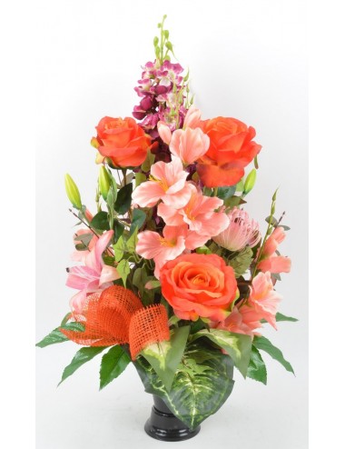 BOUQUET DE VASE DELPHINIUM ROSE GLAIEUL BEAUTY ORANGE