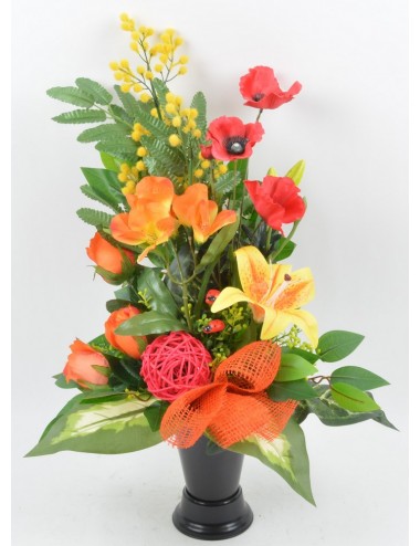 BOUQUET DE VASE LYS MIMOSA PAVOT ALSTROMERIA YELLOW RED ORANGE