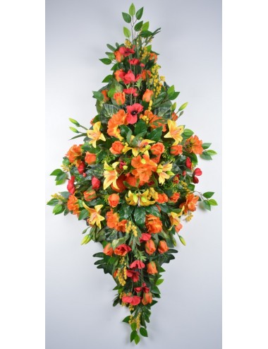 DESSUS DE CERCUEIL LYS MIMOSA PAVOT ALSTROMERIA YELLOW RED ORANGE