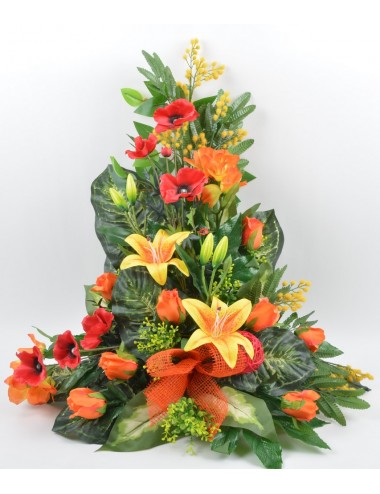 DEVANT DE TOMBE PM LYS MIMOSA PAVOT ALSTROMERIA YELLOW RED ORANGE