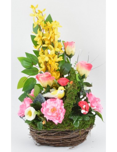 PANIER GM FORSYTHIA PAQUERETTE RENONCULE YELLOW PINK