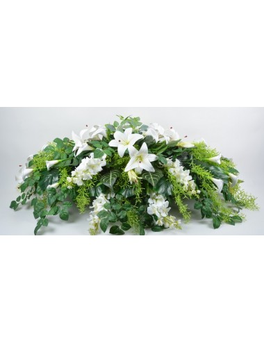 DESSUS DE CERCUEIL RETOMBANT DELPHINIUM LYS ROYAL MINI DAISY WHITE