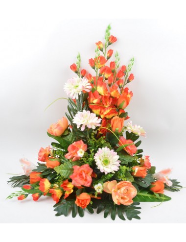 DEVANT DE TOMBE PM GLAIEUL GERBERA LYS PIVOINE SALMON ORANGE