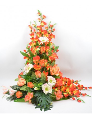 DEVANT DE TOMBE GM GLAIEUL GERBERA LYS PIVOINE SALMON ORANGE