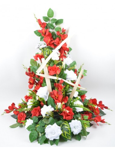 DEVANT DE TOMBE GM GLAIEUL ROSE ZINNIA ASTILBE RED WHITE