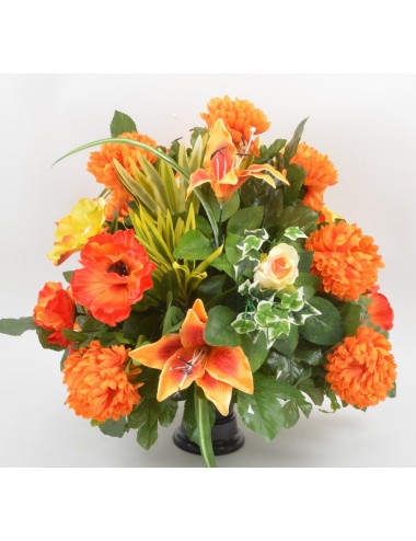 BOUQUET DE VASE CHRYSANTHEME BOULE  LILIUM ROSE ORANGE YELLOW