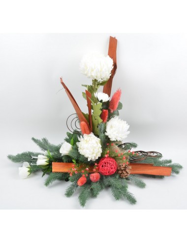 SOCLE GRANIT CHRYSANTHEME SAPIN BOIS CREAM RED