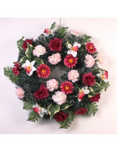 GRENAT COURONNE DE 40cm GERBERA ORCHIDEE OEILLET ROSE