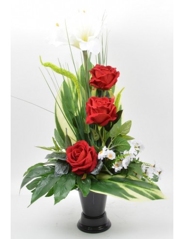 BOUQUET DE VASE ROSE VELOURS GRAMINEE RED WHITE