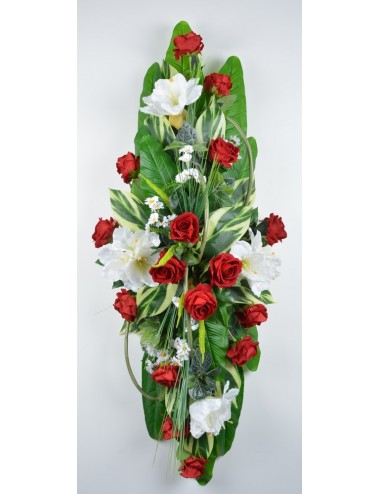DESSUS DE CERCEUIL ROSE VELOURS GRAMINEE RED WHITE