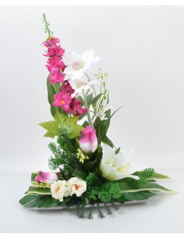 PLATEAU BAMBOU CLEMATITE DELPHINIUM BOUTON LYS BEAUTY WHITE